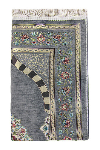 Gray Flower Motifed Mihrab Lined Chenille Prayer Rug - 3