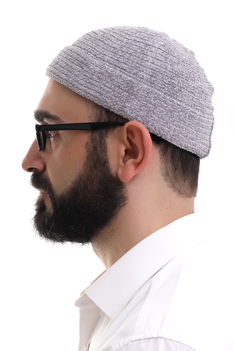 Gray Folded Plain Pattern Winter Velvet Skullcap Hat - 3