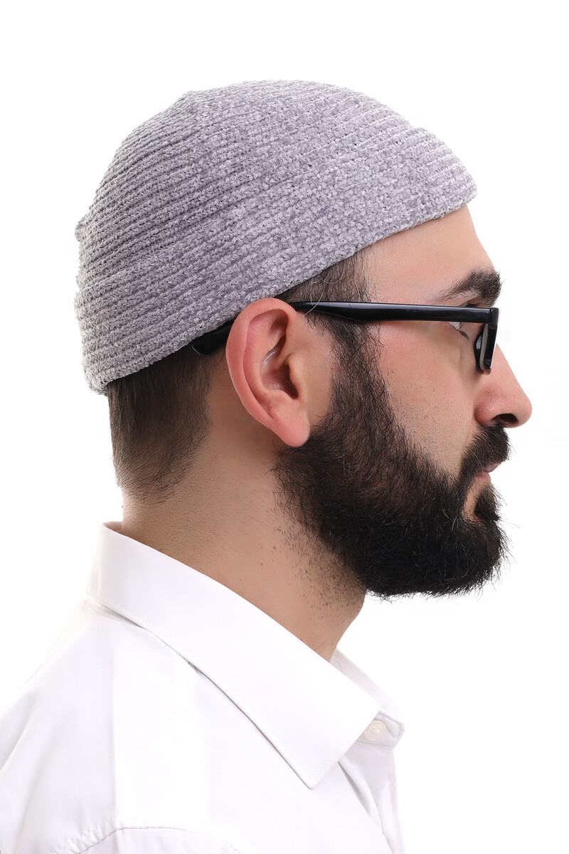 Gray Folded Plain Pattern Winter Velvet Skullcap Hat - 4