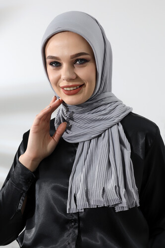 Gray Hijab Ready Made Practical Corded Cotton Shawl - 1