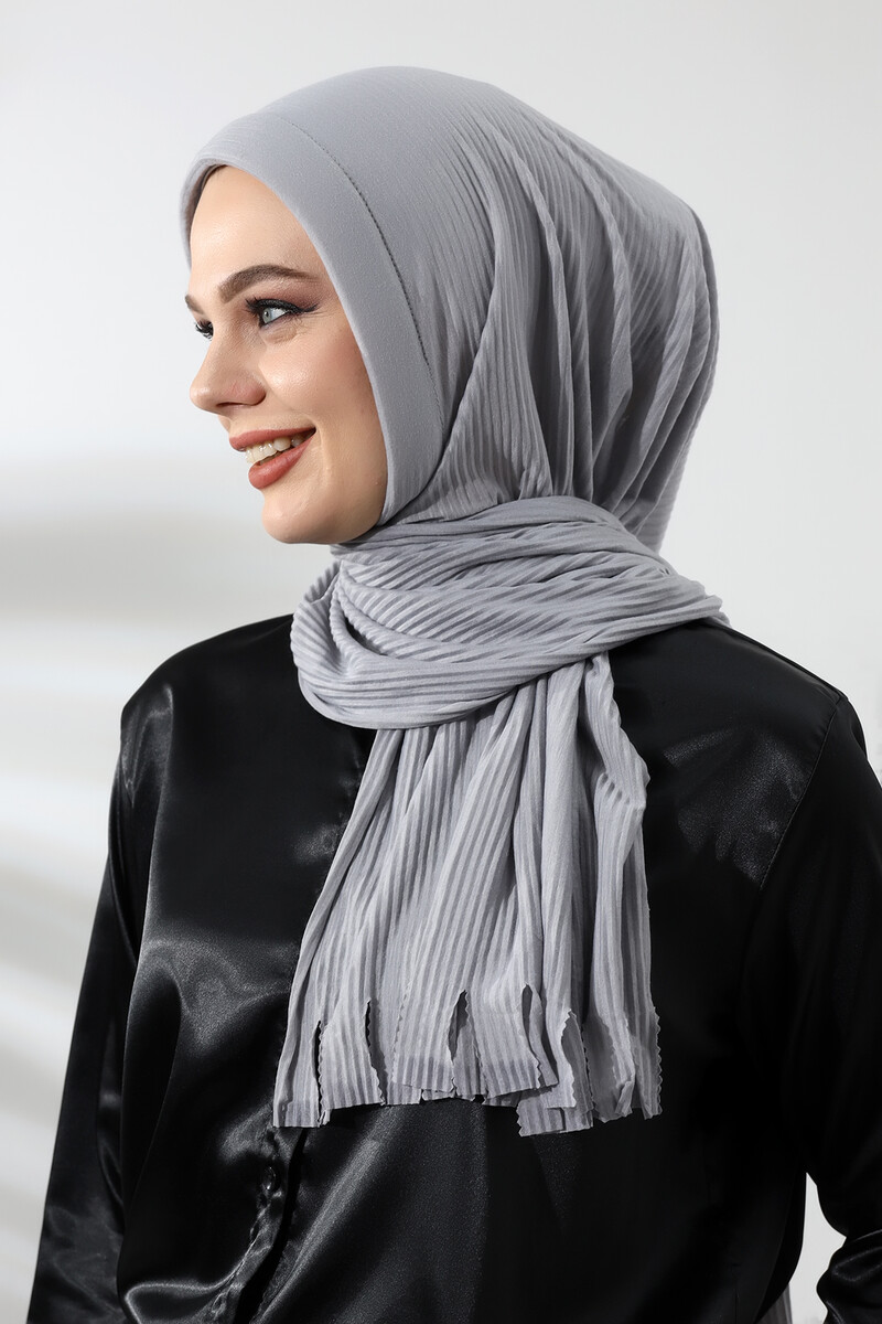 Gray Hijab Ready Made Practical Corded Cotton Shawl - 3