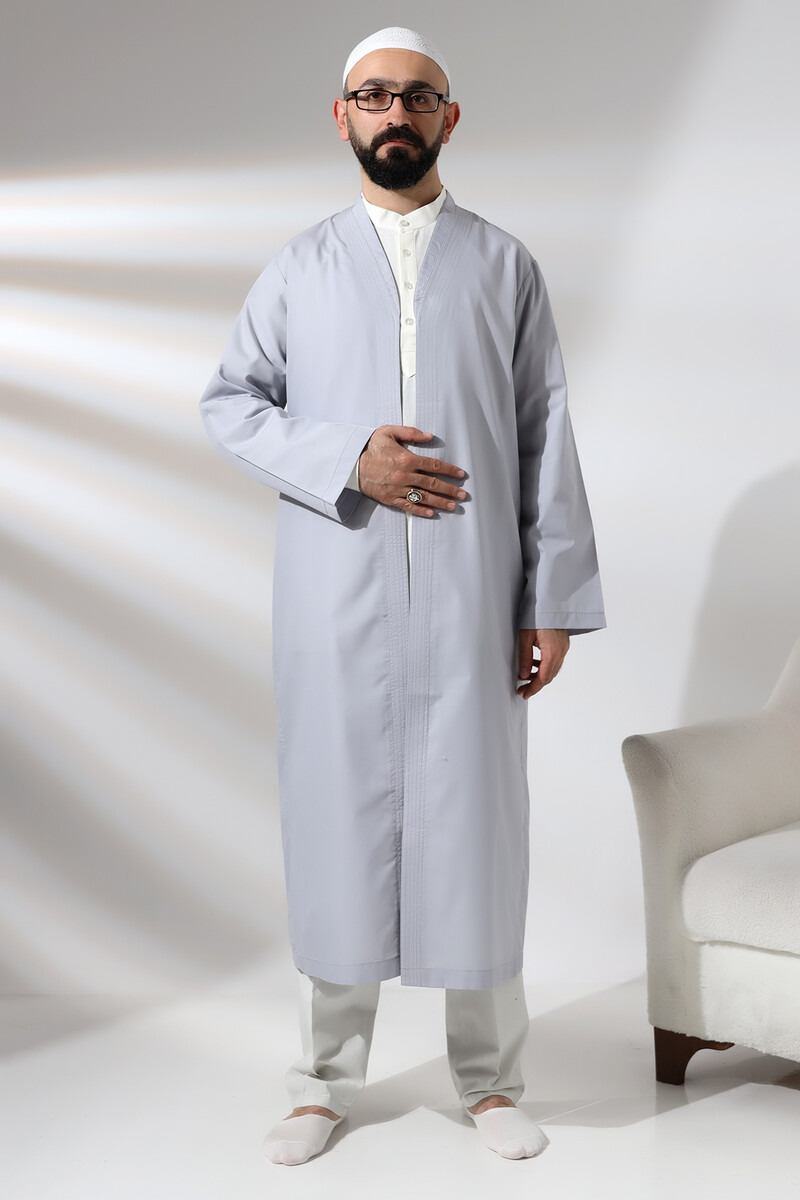 Gray Men's Prayer Robe V-Neck Buttonless Open Front Prayer Robe - 1