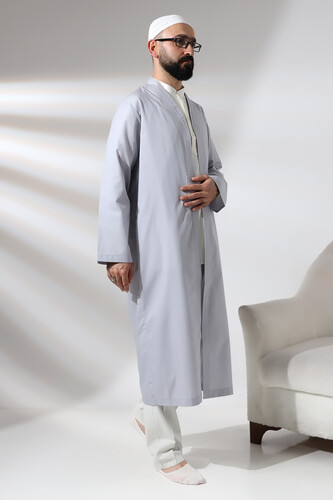 Gray Men's Prayer Robe V-Neck Buttonless Open Front Prayer Robe - 4