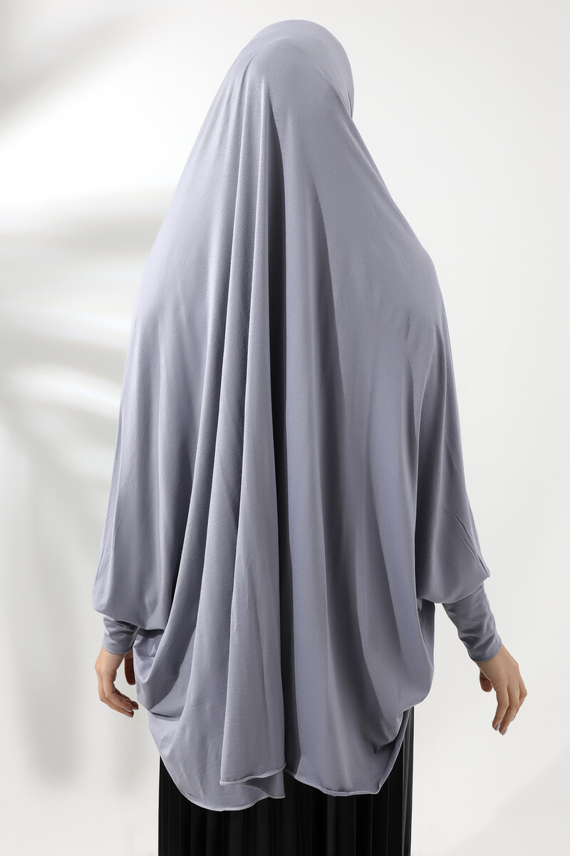 Gray Ready Practical Sultanbaş Hijab Sleeved Combed Cotton Soufflé Scarf Hijab - 3