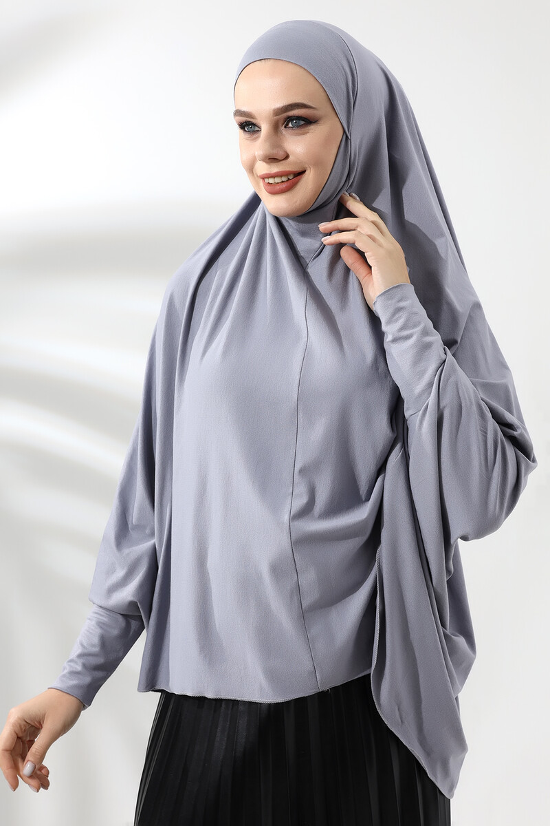 Gray Ready Practical Sultanbaş Hijab Sleeved Combed Cotton Soufflé Scarf Hijab - 6