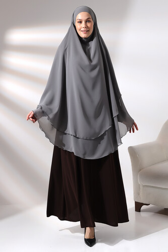 Gray Three Layer Veiled Long Chiffon Hijab Soufflé Scarf - 1