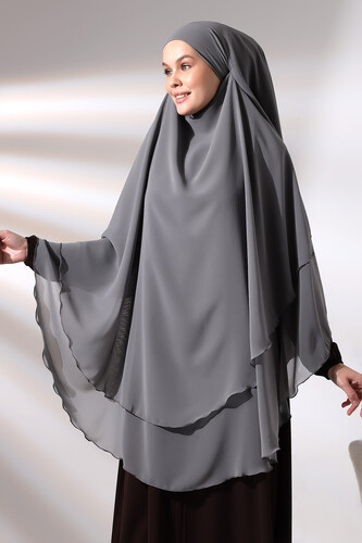 Gray Three Layer Veiled Long Chiffon Hijab Soufflé Scarf - 2