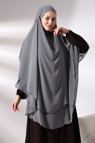 Gray Three Layer Veiled Long Chiffon Hijab Soufflé Scarf - 3