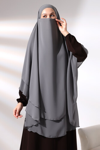 Gray Three Layer Veiled Long Chiffon Hijab Soufflé Scarf - 4