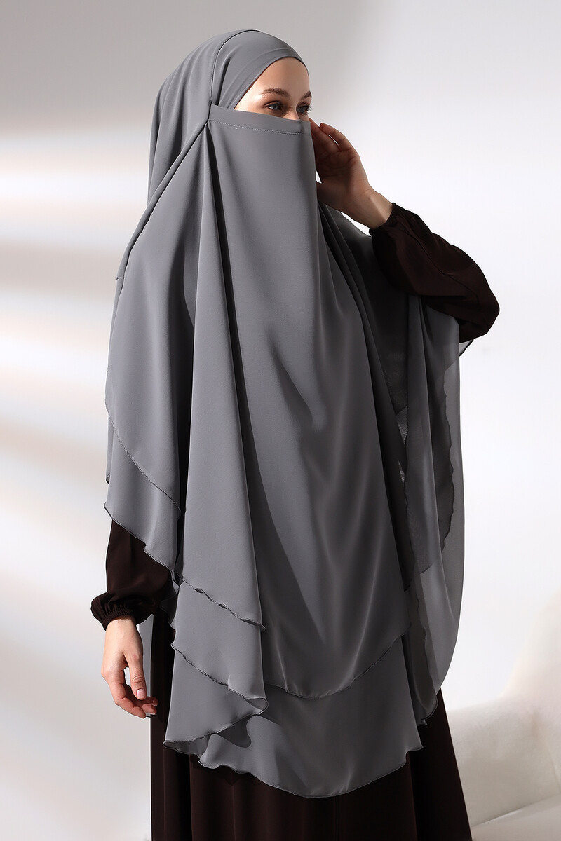 Gray Three Layer Veiled Long Chiffon Hijab Soufflé Scarf - 5