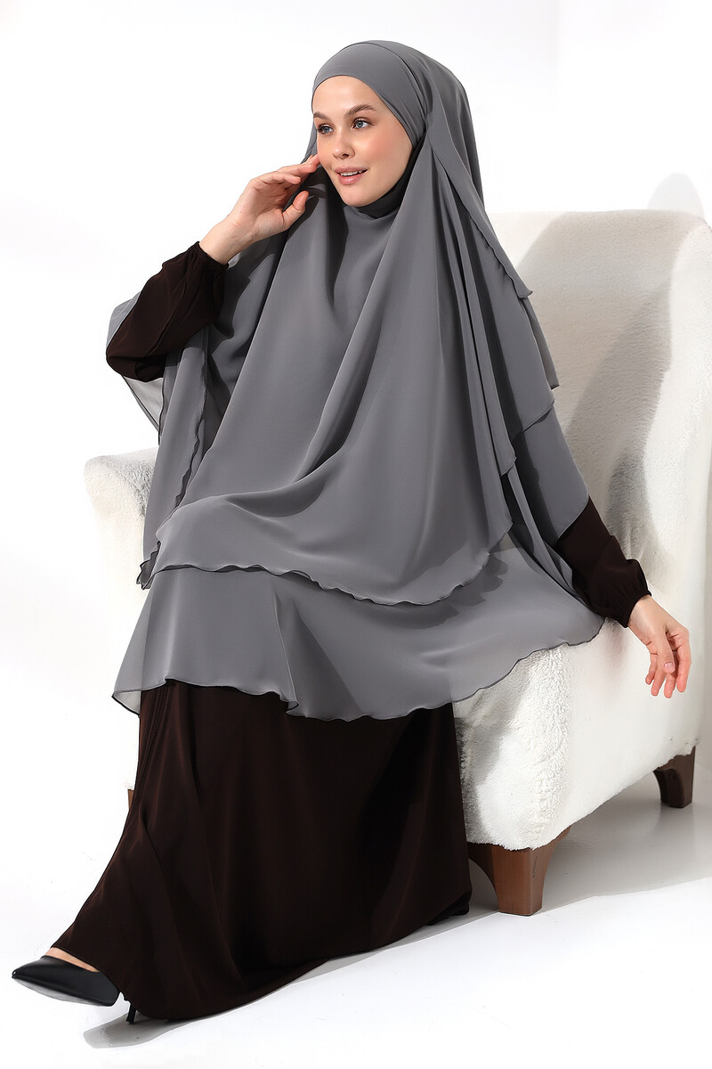 Gray Three Layer Veiled Long Chiffon Hijab Soufflé Scarf - 6