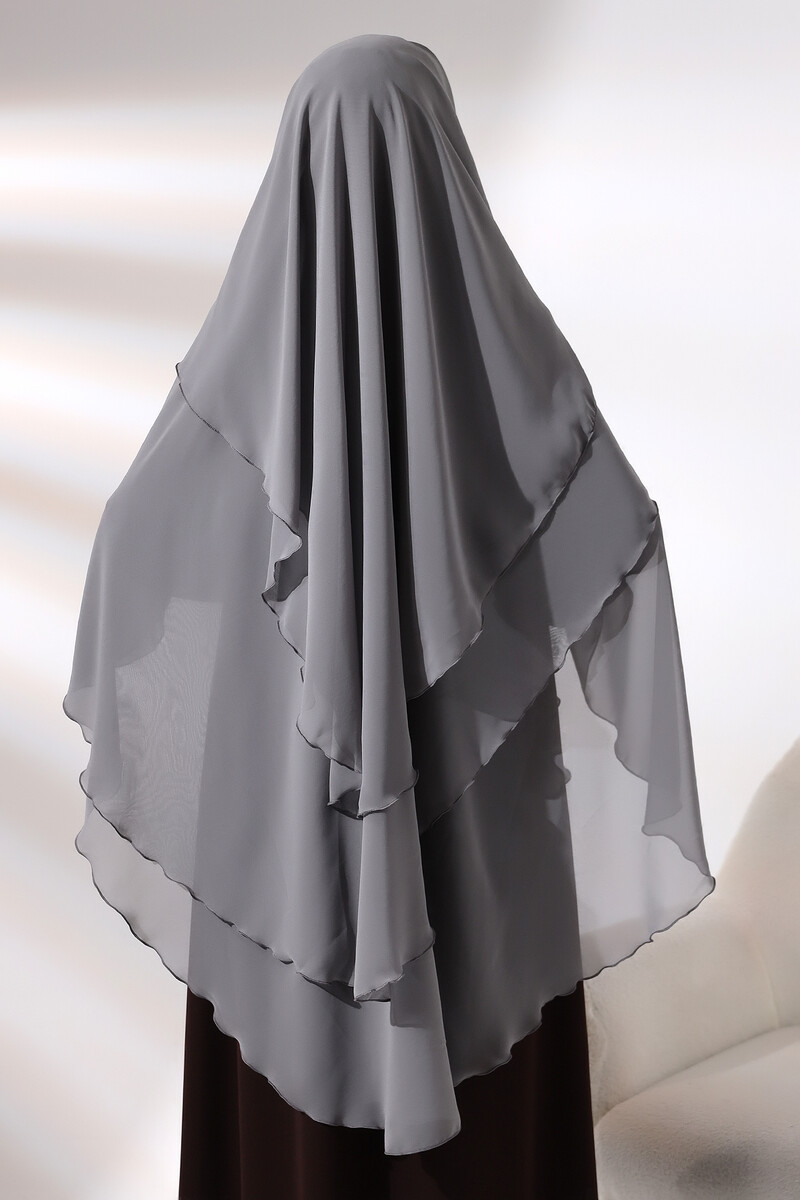 Gray Three Layer Veiled Long Chiffon Hijab Soufflé Scarf - 7