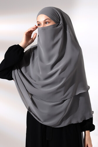 Gray Three Layer Veiled Short Chiffon Hijab Soufflé Scarf - 2