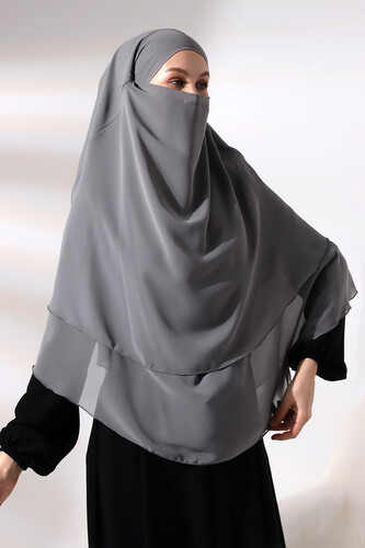 Gray Three Layer Veiled Short Chiffon Hijab Soufflé Scarf - 4