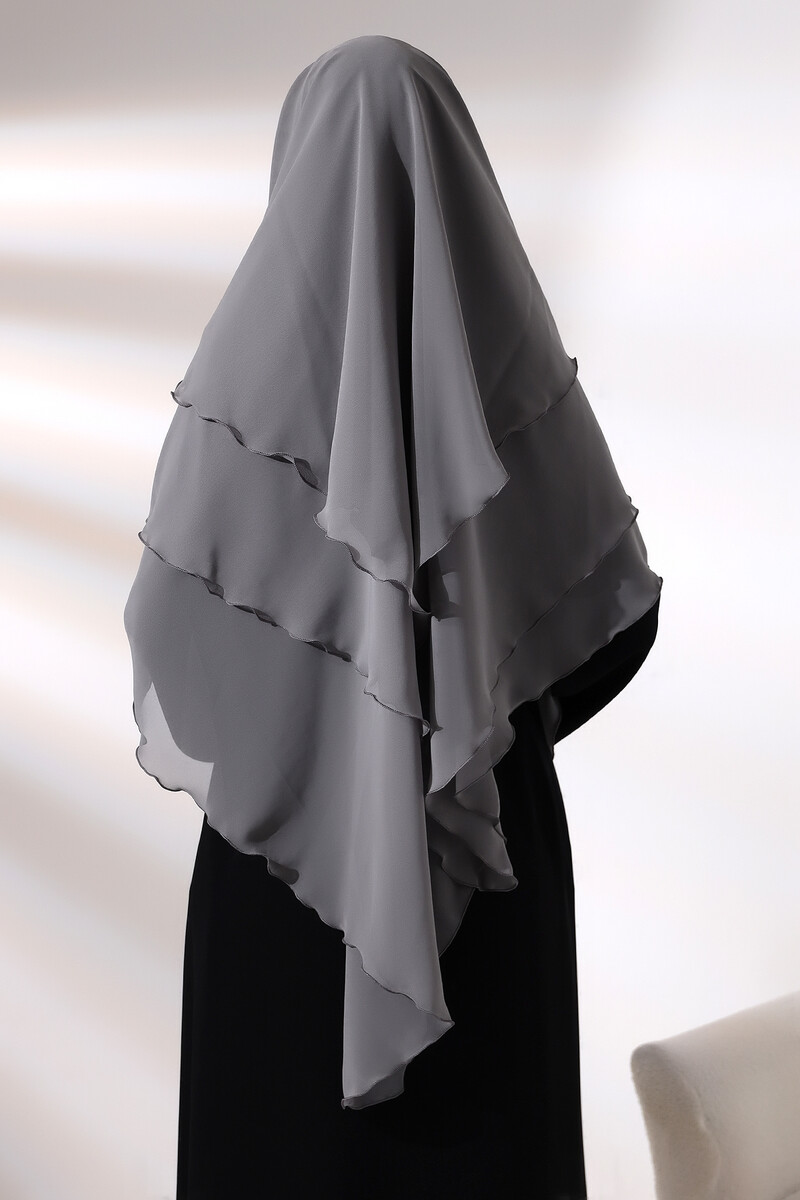 Gray Three Layer Veiled Short Chiffon Hijab Soufflé Scarf - 6