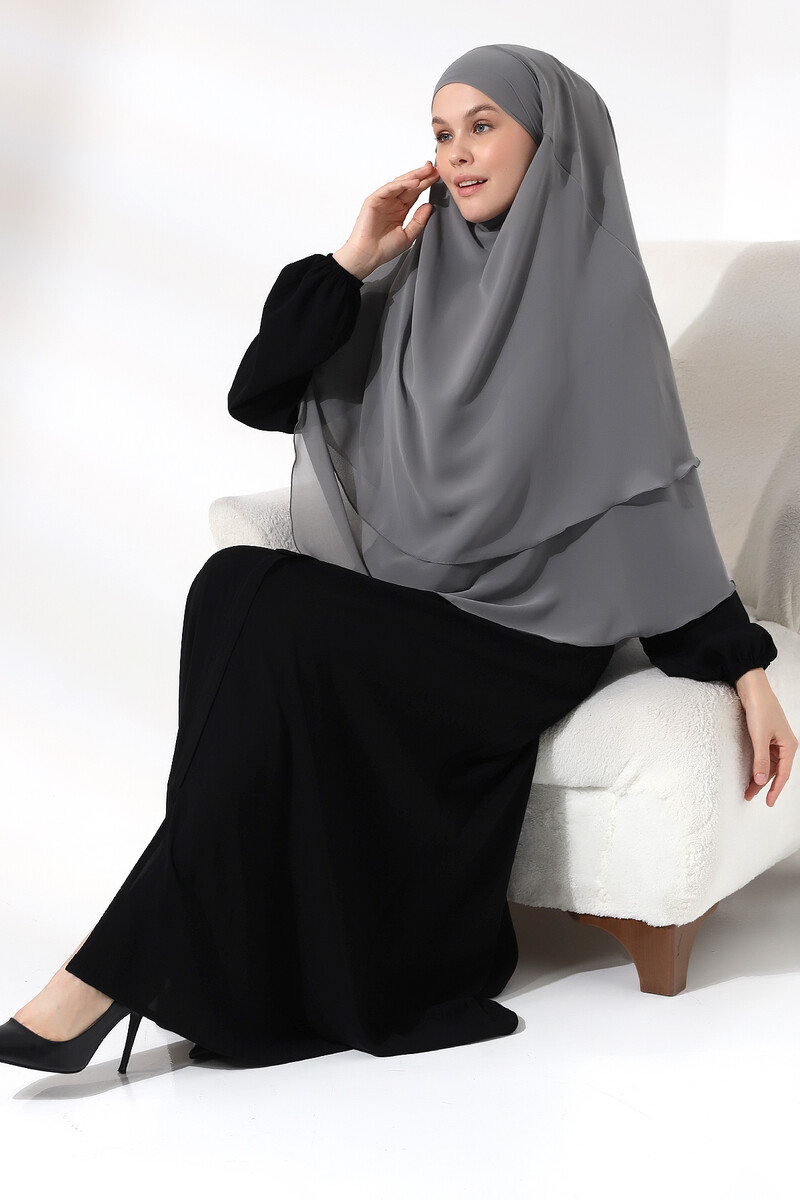 Gray Three Layer Veiled Short Chiffon Hijab Soufflé Scarf - 7