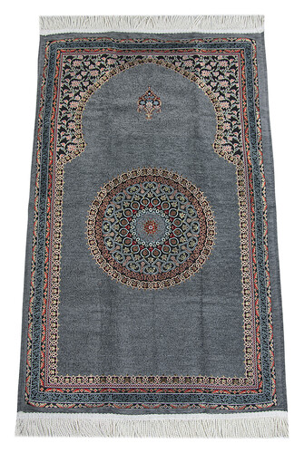 Gray Traditional Motif Knitted Fringed Mihrab Lined Chenille Prayer Rug - 1