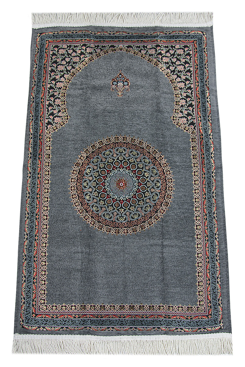 Gray Traditional Motif Knitted Fringed Mihrab Lined Chenille Prayer Rug - 1