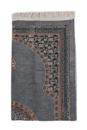 Gray Traditional Motif Knitted Fringed Mihrab Lined Chenille Prayer Rug - 3