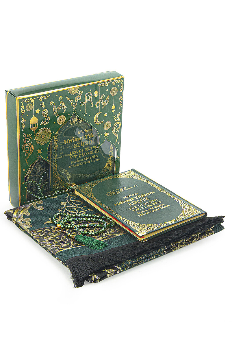 Green 50 Name Printed Leather Bound Medium Size Yasin Book Prayer Mat Set Mevlit Gift - 1