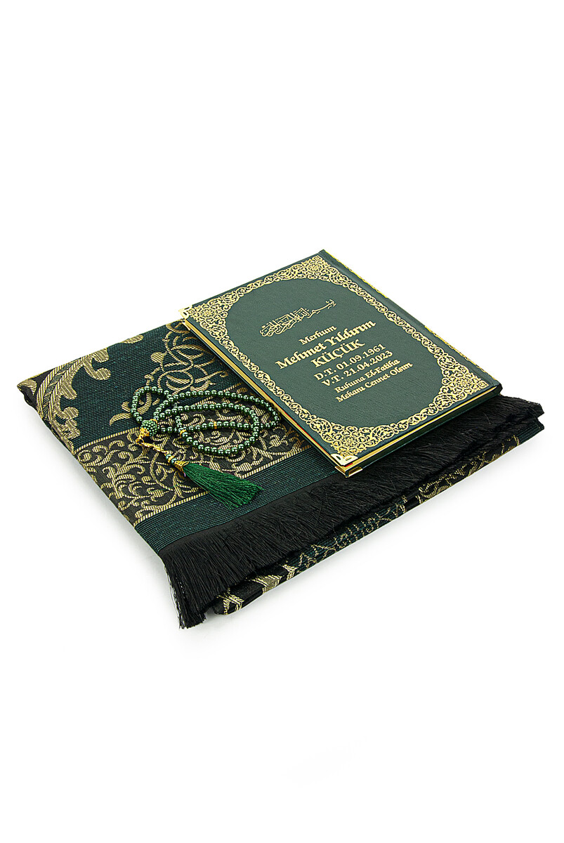 Green 50 Name Printed Leather Bound Medium Size Yasin Book Prayer Mat Set Mevlit Gift - 3