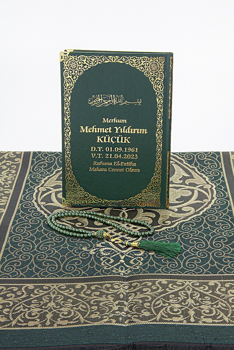 Green 50 Name Printed Leather Bound Medium Size Yasin Book Prayer Mat Set Mevlit Gift - 4