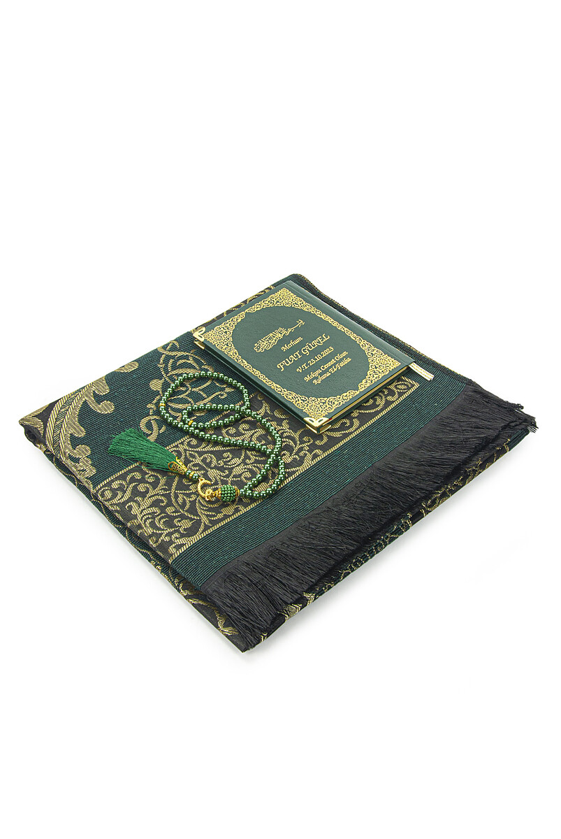 Green 50 Pieces Name Printed Leather Bound Bag Size Yasin Book Prayer Mat Set Mevlit Gift - 3