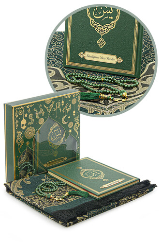 Green Dowry Prayer Rug Set, Religious Gift Suitable for Bride's Bundle, Personalized Yasin Book - 1