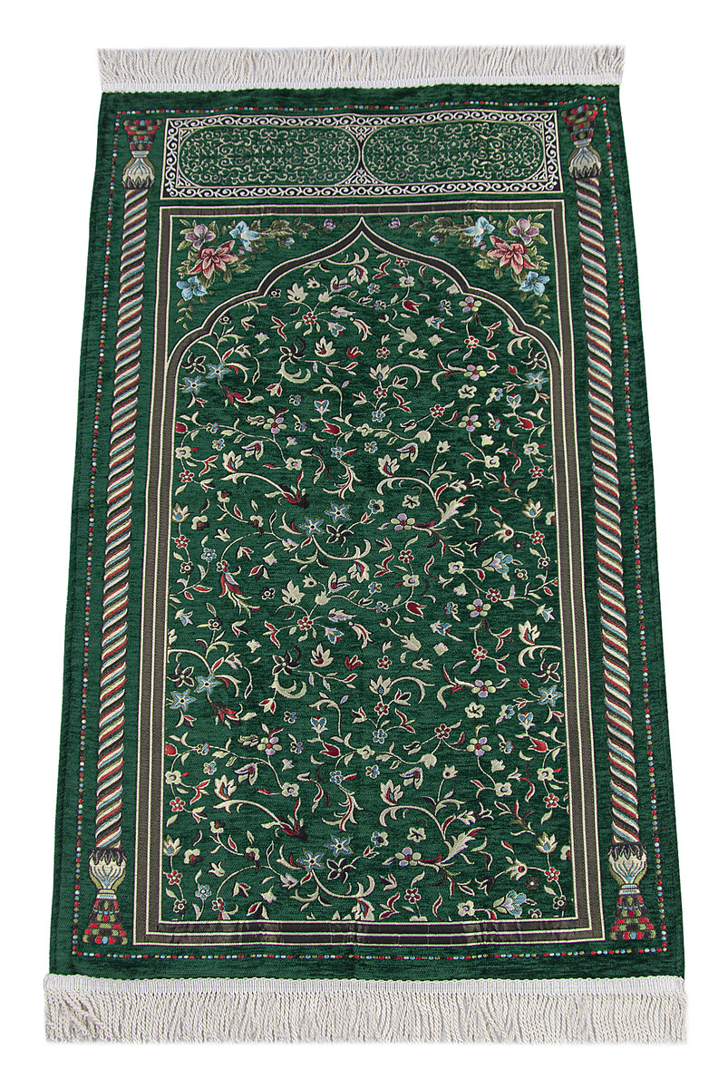 Green Floral Ravza Patterned Lined Chenille Prayer Rug - 1