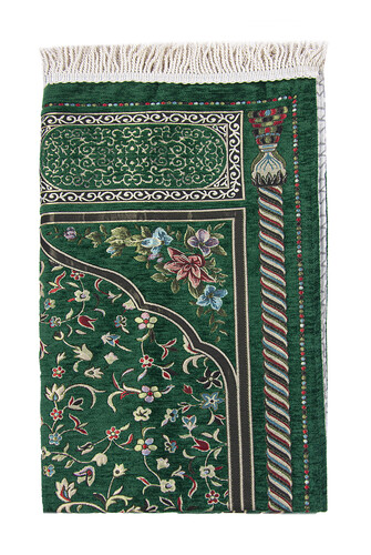 Green Floral Ravza Patterned Lined Chenille Prayer Rug - 3