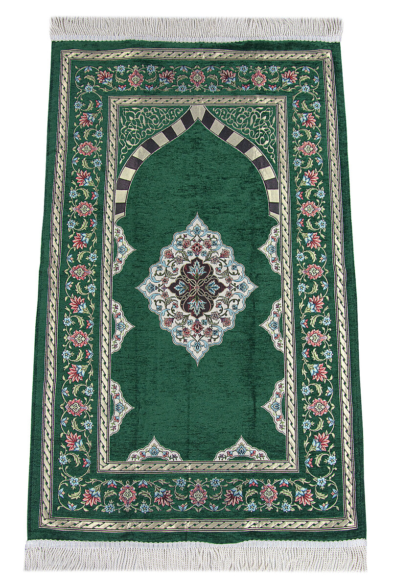 Green Flower Motifed Mihrab Lined Chenille Prayer Rug - 1