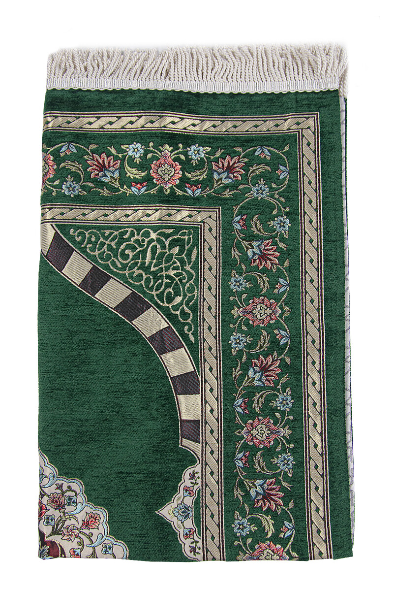 Green Flower Motifed Mihrab Lined Chenille Prayer Rug - 3