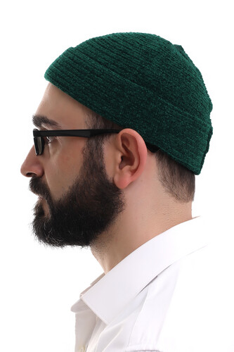 Green Folded Simple Pattern Winter Velvet Skullcap Hat - 3