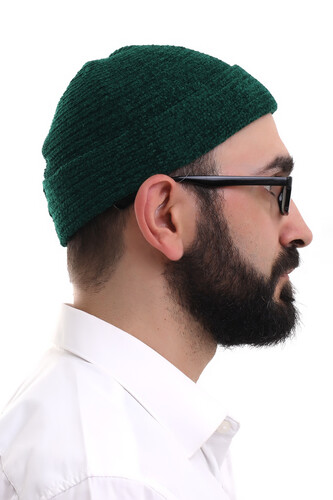 Green Folded Simple Pattern Winter Velvet Skullcap Hat - 4