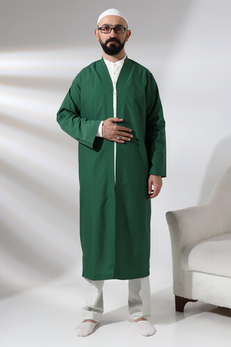 Green Men's Prayer Dress V-Neck Buttonless Open Front Prayer Robe - 1