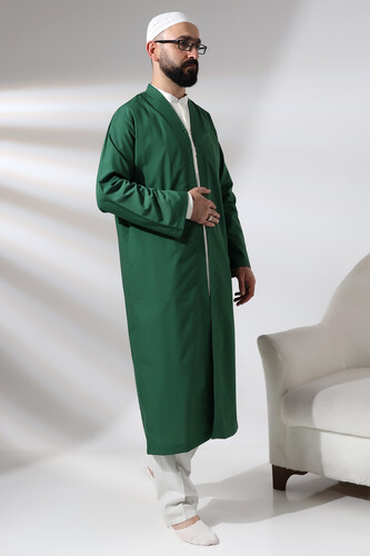 Green Men's Prayer Dress V-Neck Buttonless Open Front Prayer Robe - 2