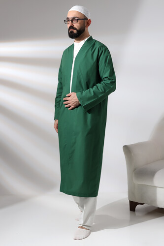 Green Men's Prayer Dress V-Neck Buttonless Open Front Prayer Robe - 4