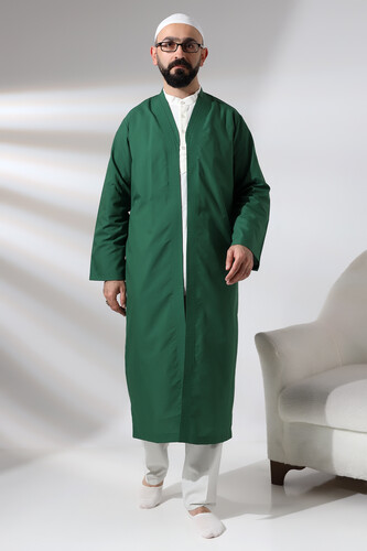 Green Men's Prayer Dress V-Neck Buttonless Open Front Prayer Robe - 7