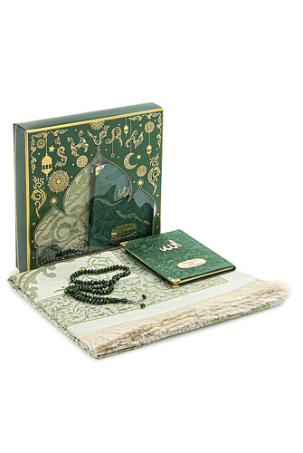 Green Mevlüt Gift Velvet Covered Yasin Book Prayer Beads Dowry Prayer Rug Set - 1