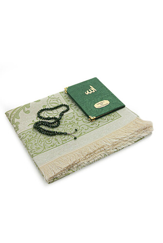 Green Mevlüt Gift Velvet Covered Yasin Book Prayer Beads Dowry Prayer Rug Set - 3