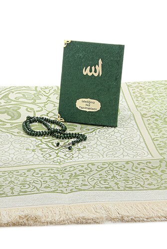 Green Mevlüt Gift Velvet Covered Yasin Book Prayer Beads Dowry Prayer Rug Set - 4