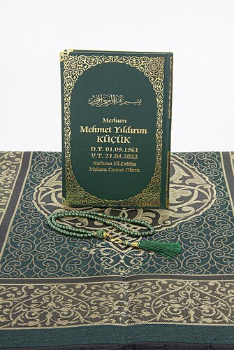 Green Name Printed Leather Bound Medium Size Yasin Book Prayer Mat Set Mevlit Gift - 4