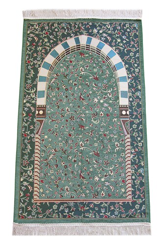 Green Ravza Flower Motif Chenille Prayer Rug with Mihrab - 1