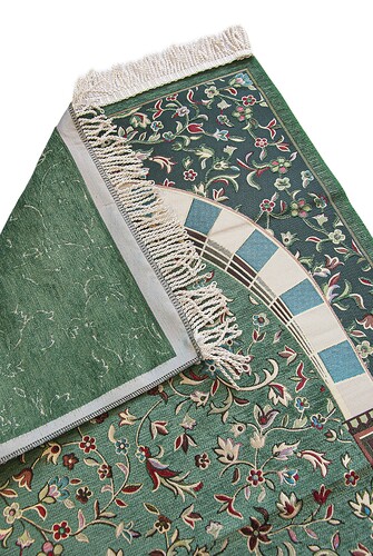 Green Ravza Flower Motif Chenille Prayer Rug with Mihrab - 2