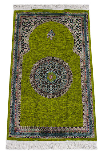 Green Traditional Motif Knitted Fringed Mihrab Lined Chenille Prayer Rug - 1