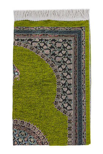 Green Traditional Motif Knitted Fringed Mihrab Lined Chenille Prayer Rug - 3