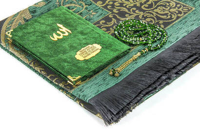 Hac Umre Mevlid Set 27 - Name Printed Velvet Coated Yasin - Seccade - Rosary - Boxed - 2