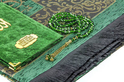 Hac Umre Mevlid Set 27 - Name Printed Velvet Coated Yasin - Seccade - Rosary - Boxed - 3