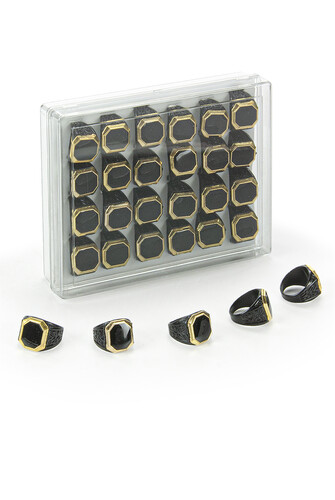 Hajj Umrah Gift 24 Pieces Patterned Octagonal Look Black Men's Ring - 1