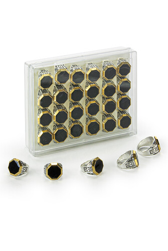 Hajj Umrah Gift 24 Pieces Patterned Octagonal Look Yellow Men's Ring - 1